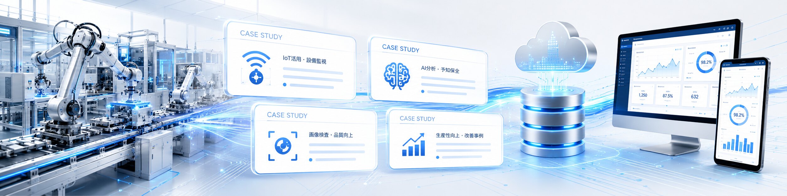製造ラインとCASE STUDYカード・分析ダッシュボードのイメージ