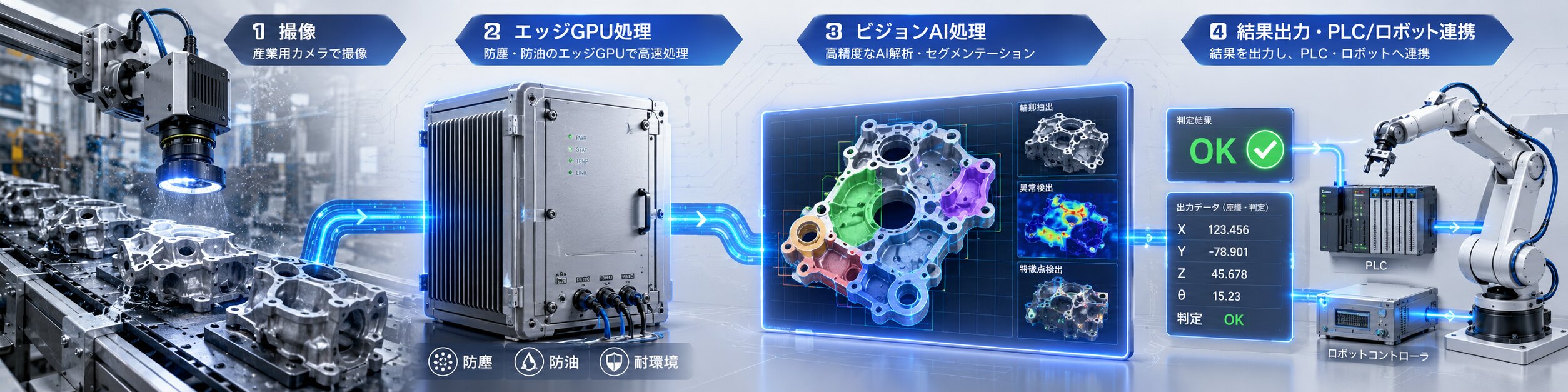 産業用カメラで撮像、防塵・防油のエッジGPUで高速処理、ビジョンAIで解析し、判定結果をPLC・ロボットへ連携する流れ